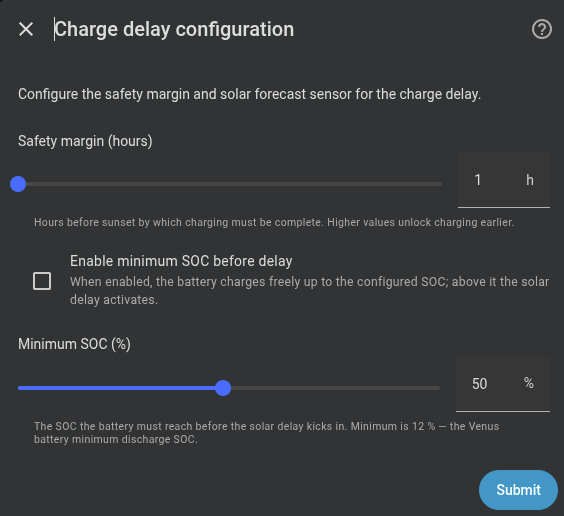 Solar charge delay configuration