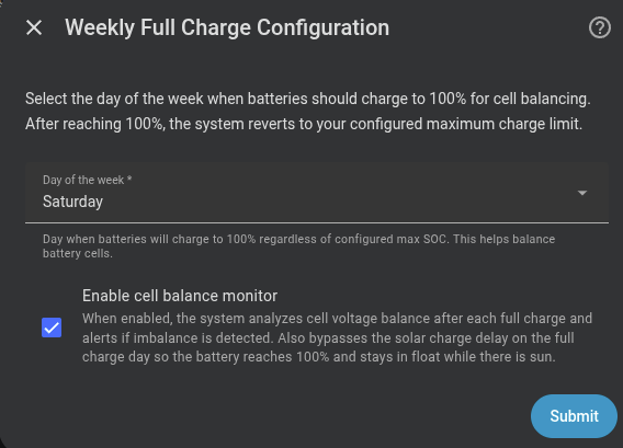 Weekly full charge configuration