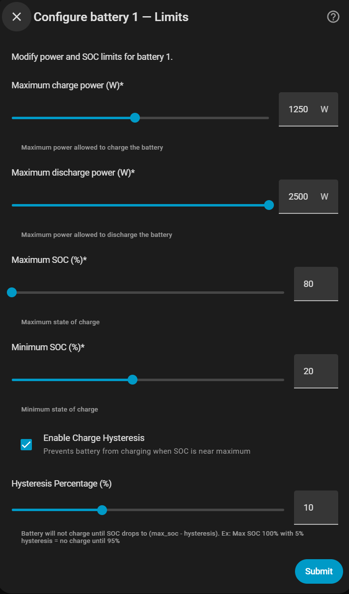 Formulario de configuración de batería