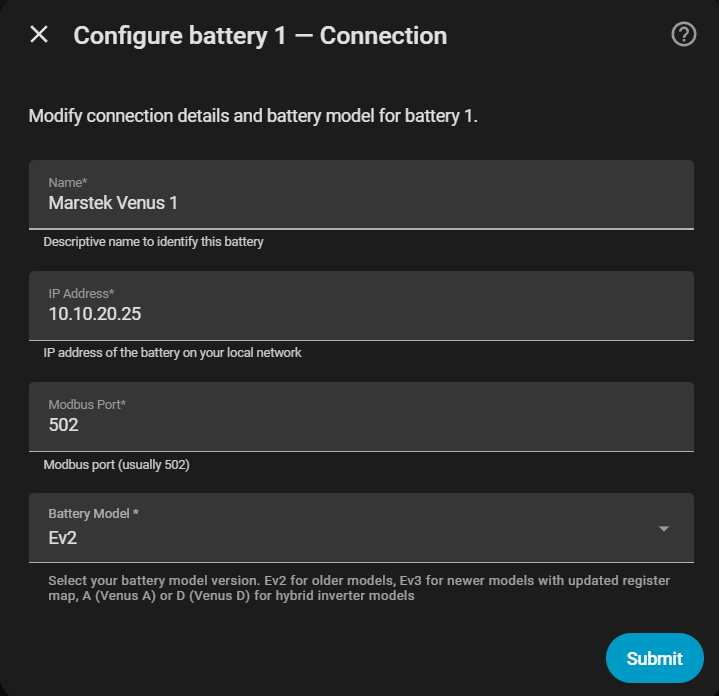 Formulario de conexión a la batería