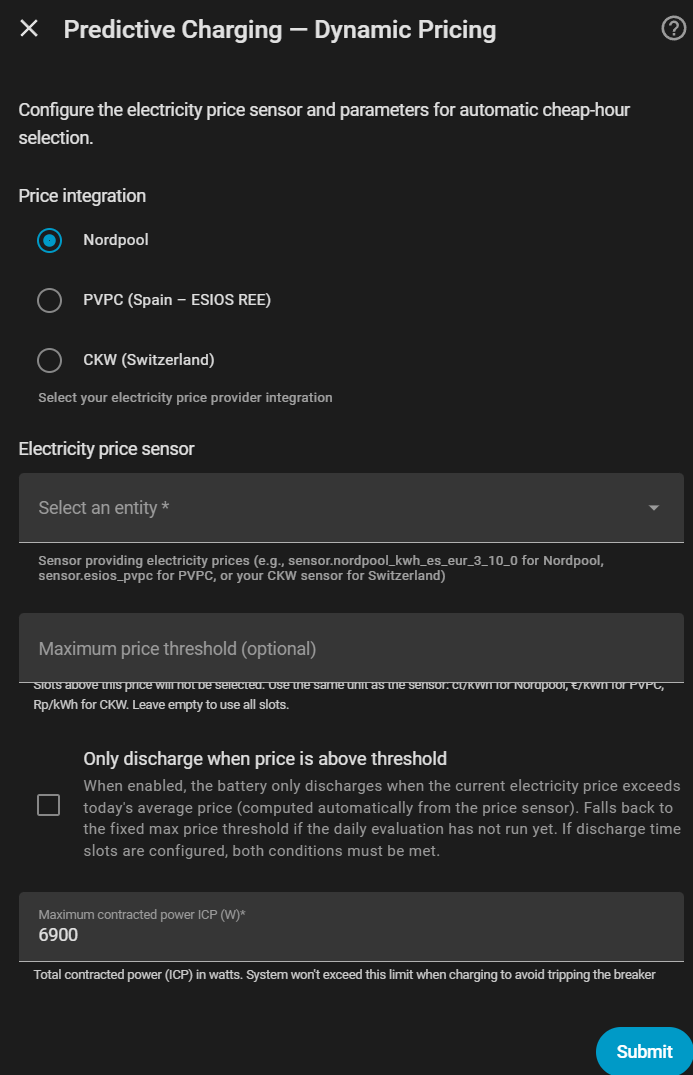 Formulario de configuración — Modo Precio Dinámico