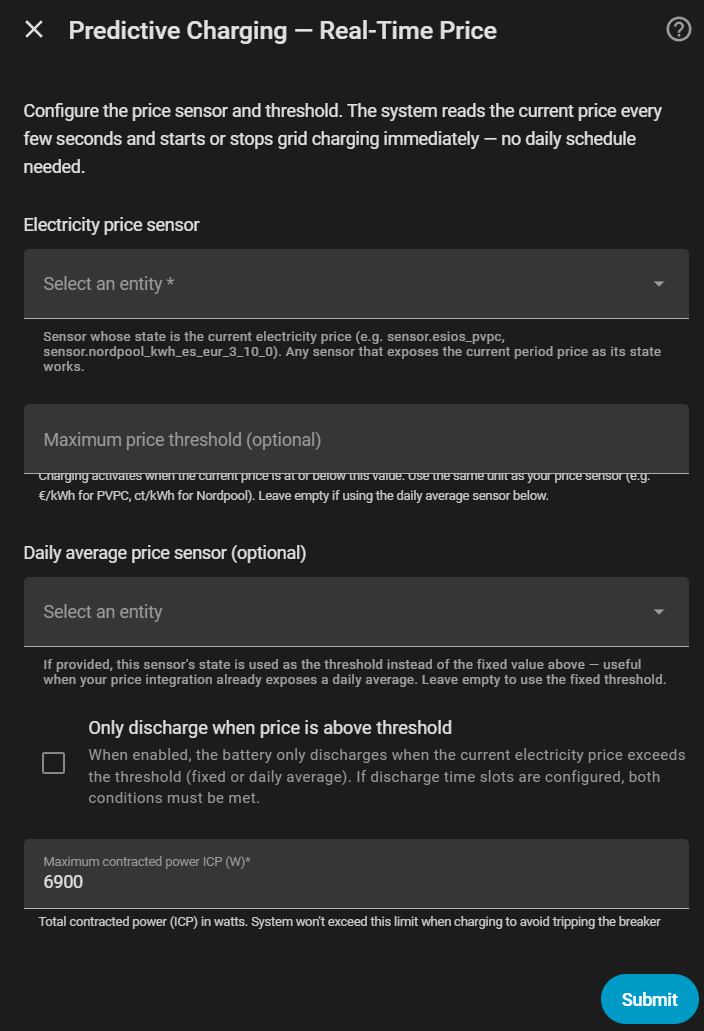 Formulario de configuración — Modo Precio en Tiempo Real