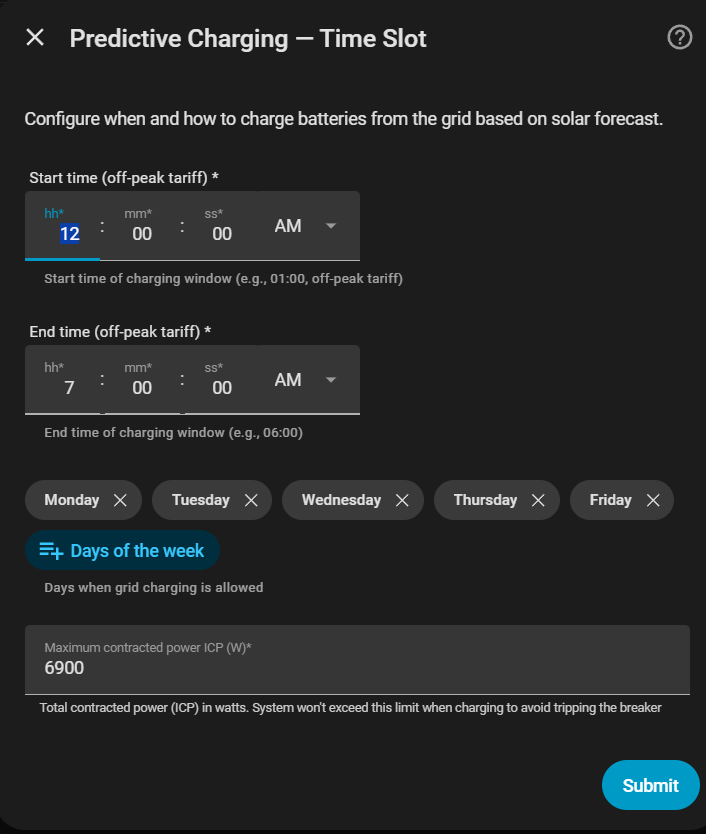 Formulario de configuración — Modo Franja Horaria