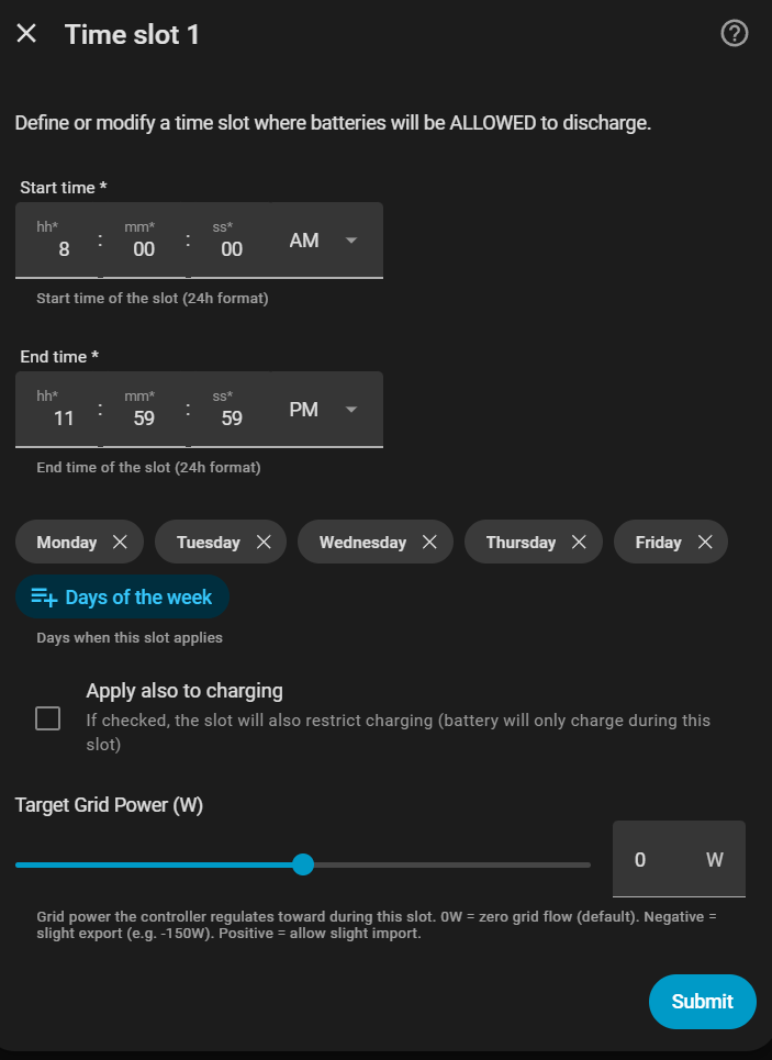 Formulario de configuración de franja horaria