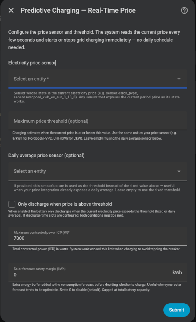 Configuration form — Real-Time Price mode